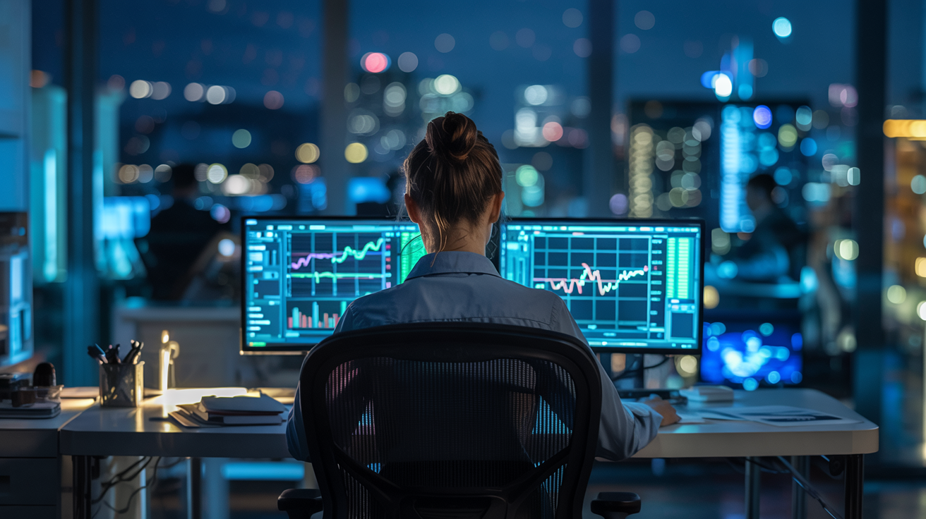 Trading desk con grafici finanziari